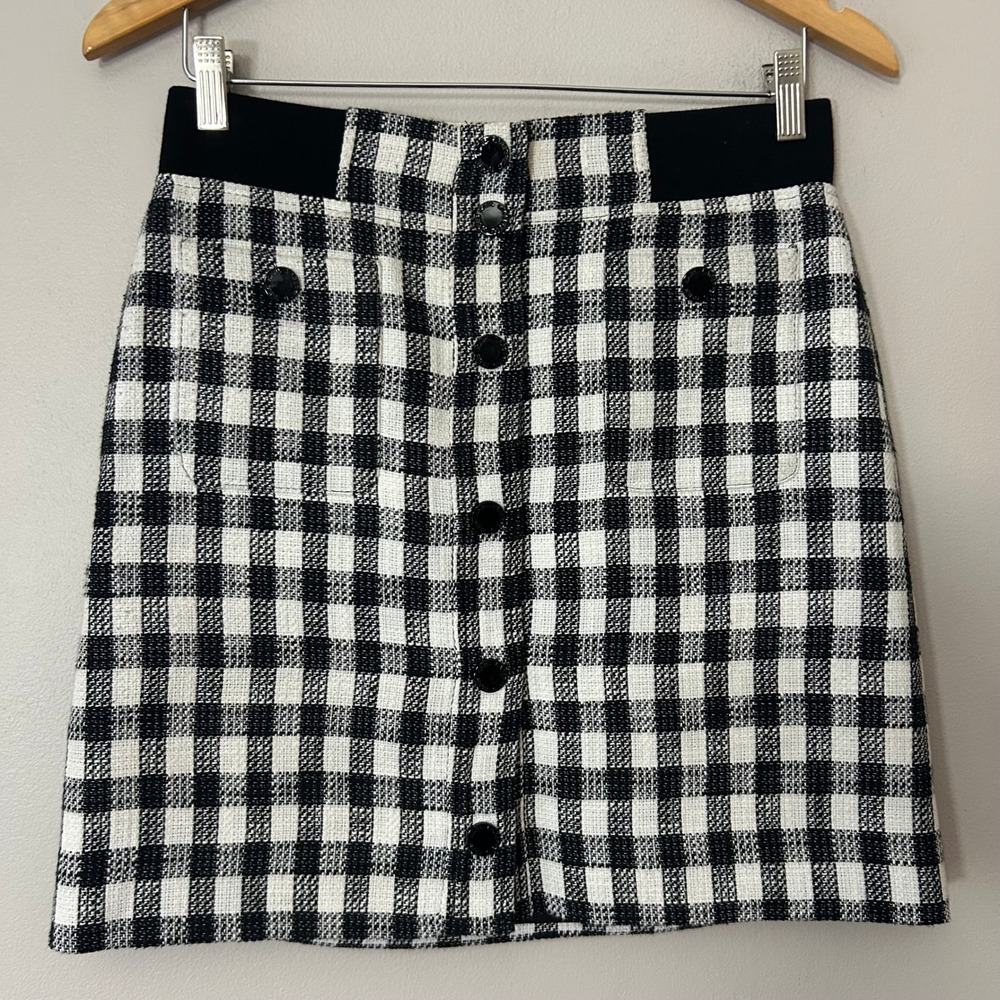 Karl Lagerfeld Paris Skirt Womens 2 Black White Gingham Tweed Button Front Mini